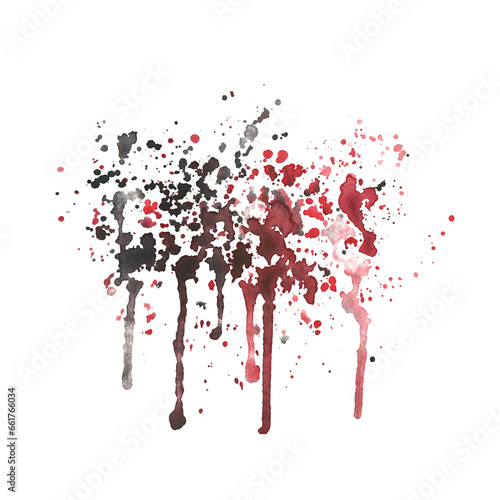 Red, burgundy, black spots, splashes, smudges of watercolor paint drawn by hand. Isolated object on a white background