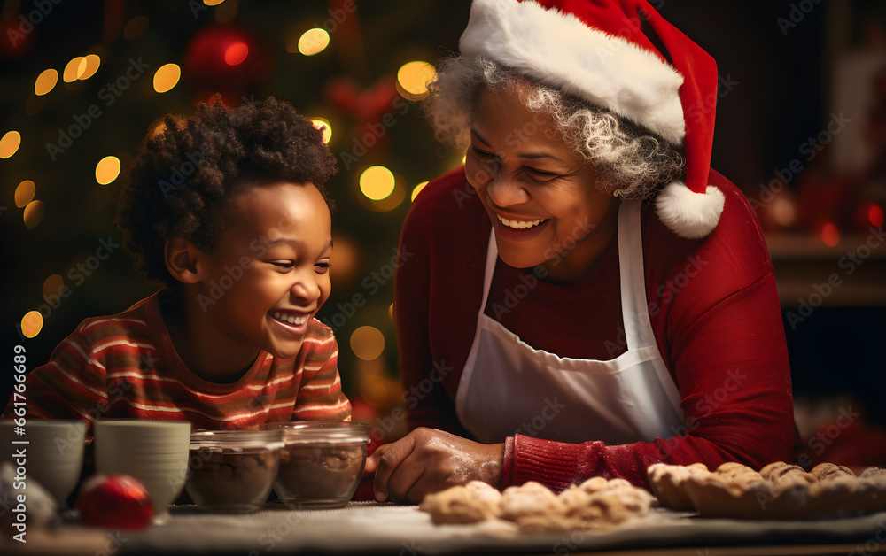 Christmas baking fun, Grandmother and grandson prepare sweet delights Christmas baking fun, Grandmother and grandson prepare sweet delights