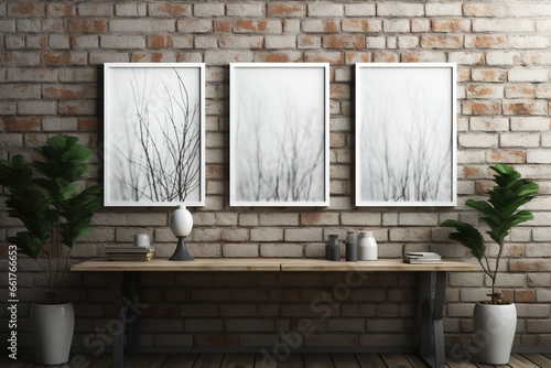 Blank picture frames on wooden table in room with brick wall. Mock up