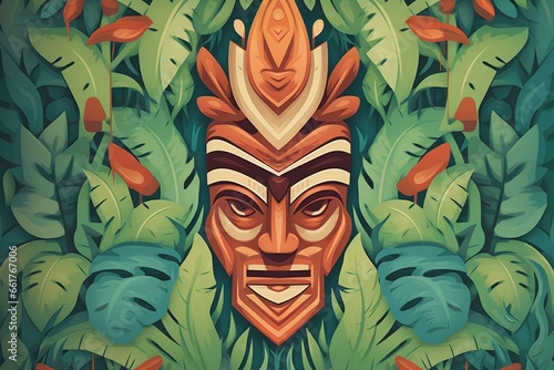 Poster featuring a tiki mask surfing amidst tropical leaves, with Hawaiian vibes. Generative AI
