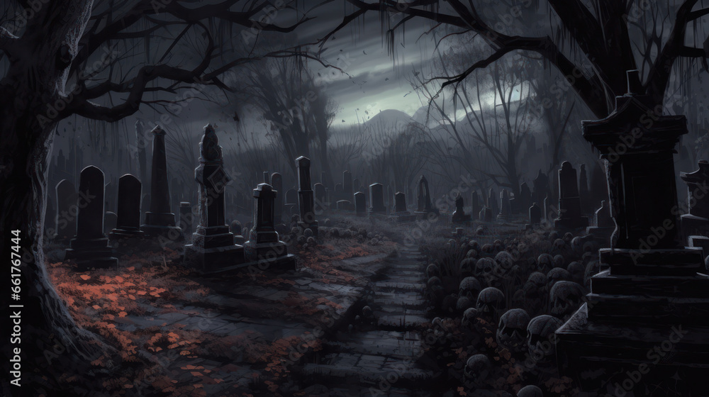 llustration of a cemetery in halloween in dark gray tone colors. fear horror