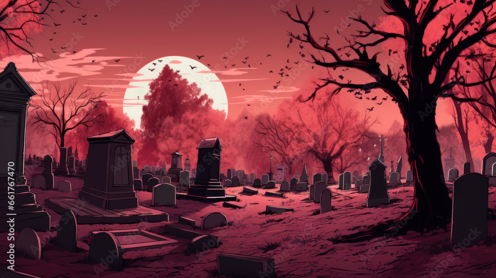 llustration of a cemetery in halloween in maroon tone colors. fear horror