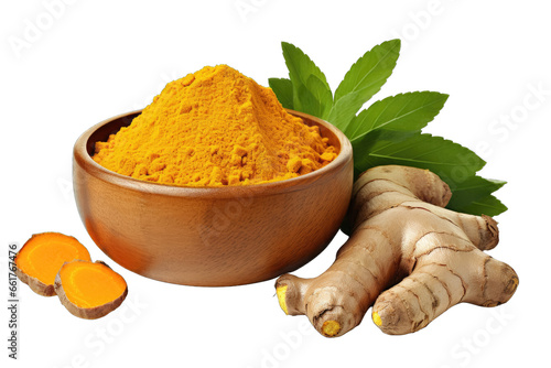 Fototapeta Naklejka Na Ścianę i Meble -  Dry turmeric powder in wooden bow with rhizome isolated on a transparent background