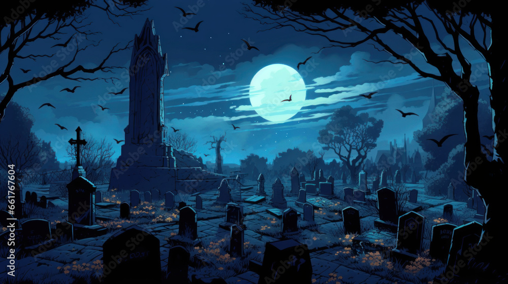 llustration of a cemetery in halloween in blue tone colors. fear horror