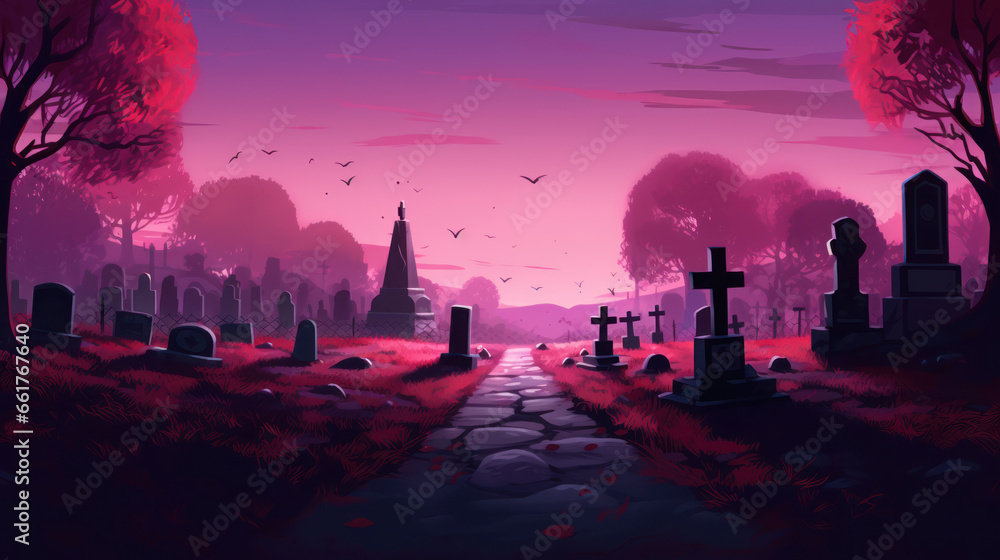 llustration of a cemetery in halloween in purple tone colors. fear horror