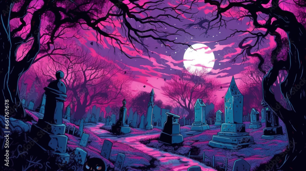 llustration of a cemetery in halloween in magenta tone colors. fear horror