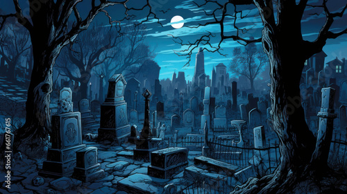 llustration of a cemetery in halloween in blue tone colors. fear horror