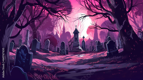 llustration of a cemetery in halloween in purple tone colors. fear horror