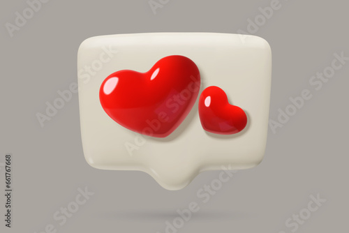 Speech Bubble with hearts. Social media like notification or love message 3d icon. Romantic Valentine's day chat box realistic three dimensional vector illustration.