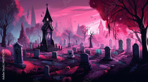 llustration of a cemetery in halloween in pink tone colors. fear horror photo