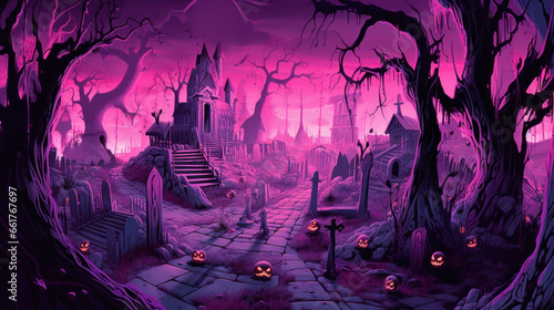 llustration of a cemetery in halloween in magenta tone colors. fear horror