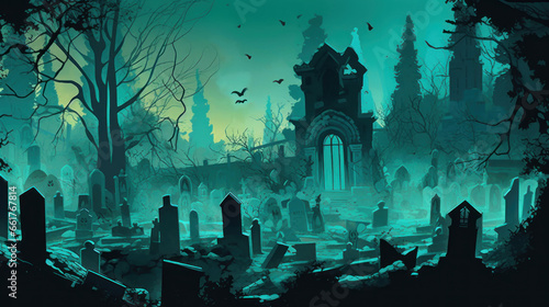 llustration of a cemetery in halloween in aqua tone colors. fear horror