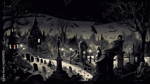 llustration of a cemetery in halloween in dark white tone colors. fear horror