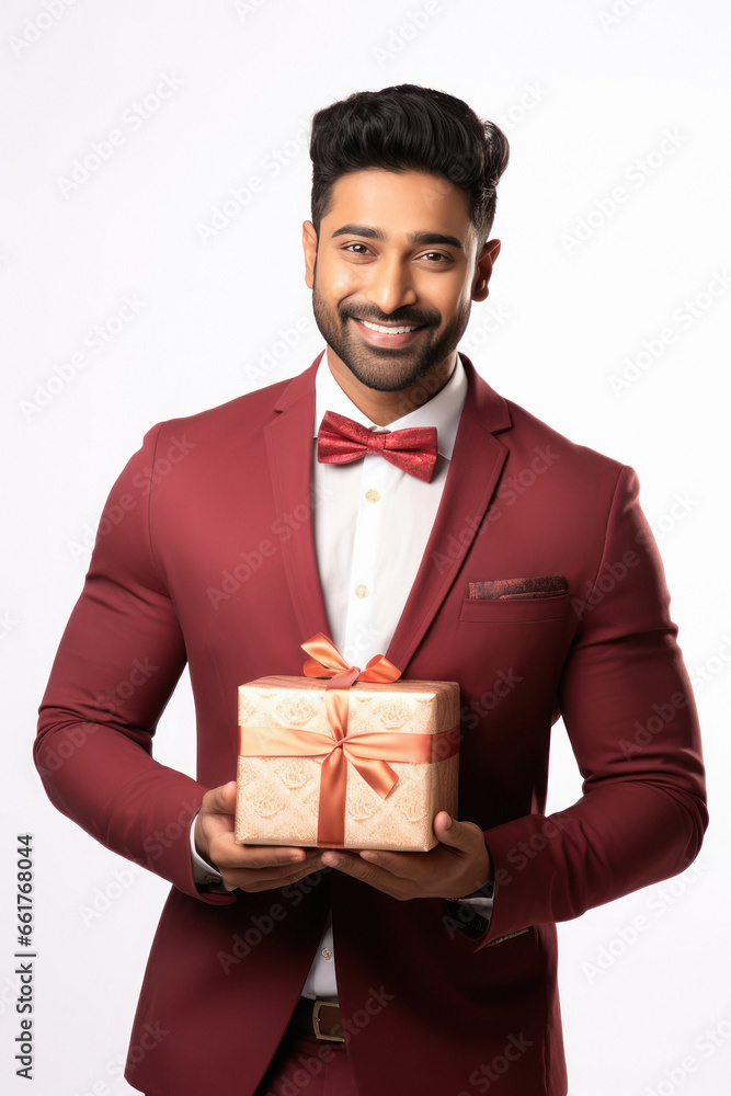 A young man in a suit is smiling, holding a gift box in his hand.