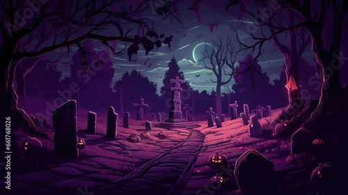 llustration of a cemetery in halloween in dark purple tone colors. fear horror