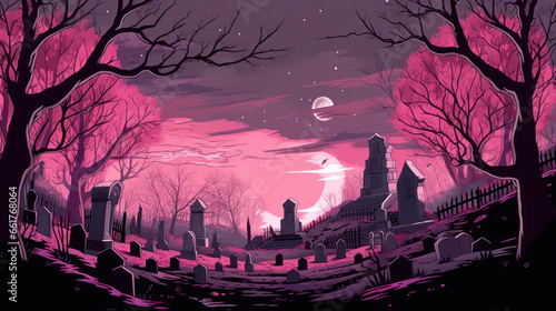 llustration of a cemetery in halloween in dark pink tone colors. fear horror