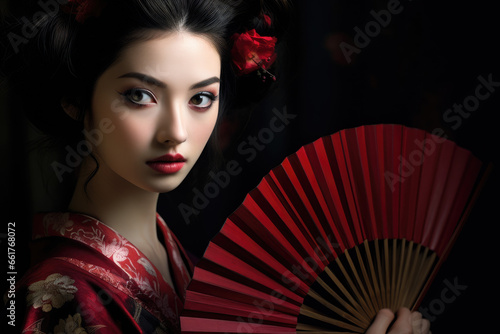 Beautiful geisha in kimono with hand fan