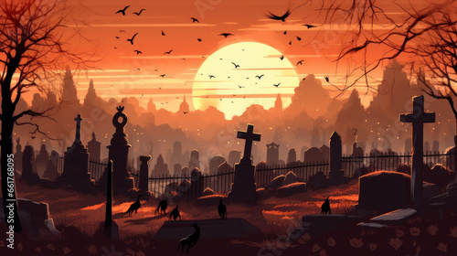 llustration of a cemetery in halloween in light brown tone colors. fear horror