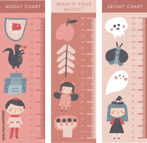Kid height measurement, centimeter, chart with prince, witch, fairy, ghost, dragon, castle, apple, tree, moth, skull Fairy tale magic fantasy animals objects characters for children