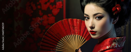 Beautiful geisha in kimono with hand fan