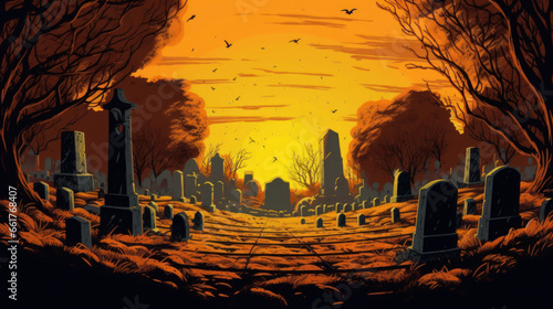 llustration of a cemetery in halloween in vivid yellow tone colors. fear horror