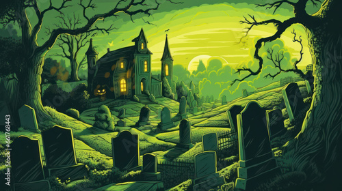 llustration of a cemetery in halloween in vivid lime tone colors. fear horror