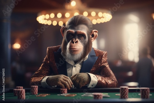Stylish monkey in a luxurious suit at the gaming table, AI generated