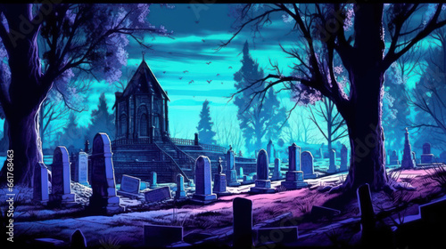 llustration of a cemetery in halloween in vivid cyan tone colors. fear horror