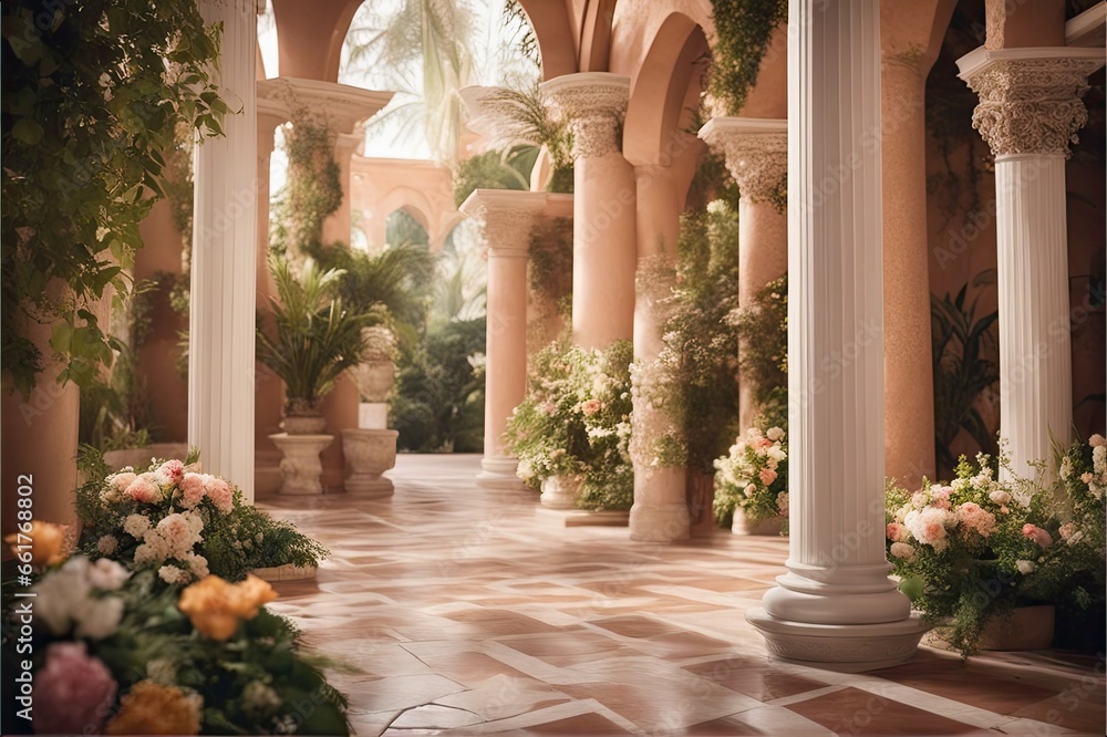 Naklejka premium Temple columns wedding digital backdrop photography background wedding ancient palace maternity props floral wedding overlays garden props