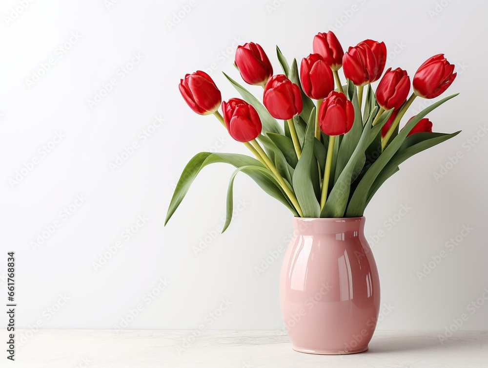 International woman's day concept. Spring home decorations with bouquet of red tulips in modern vase on white background, Generative AI International woman's day concept. Spring home decorations with bouquet of red tulips in modern vase on white background, Generative AI