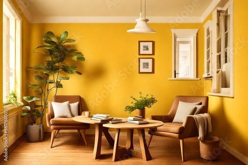 A cozy reading nook with two comfortable chairs and a wooden table on a warm yellow wall.