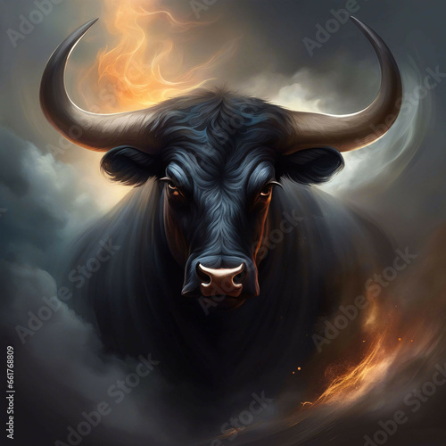 Portrait of a bull surrounded by smoke