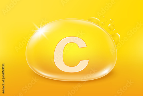 Vitamin C in bubble. Vitamin c icon. Vitamins complex banner for advertising, health, medical science. Beauty treatment skin care design.