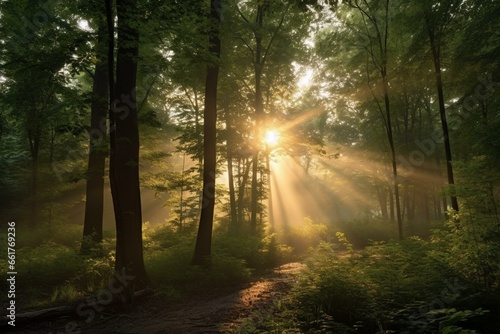 A beautiful morning scene in a wooded area with the sun rising behind the trees. Generative AI