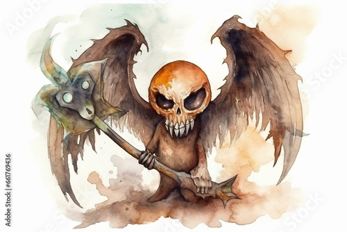 Sinister creature with wings and axe; watercolor Halloween illustration ideal for greeting cards and prints. Generative AI
