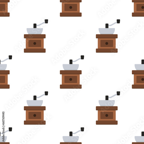 Vintage coffee grinder seamless pattern on white background.