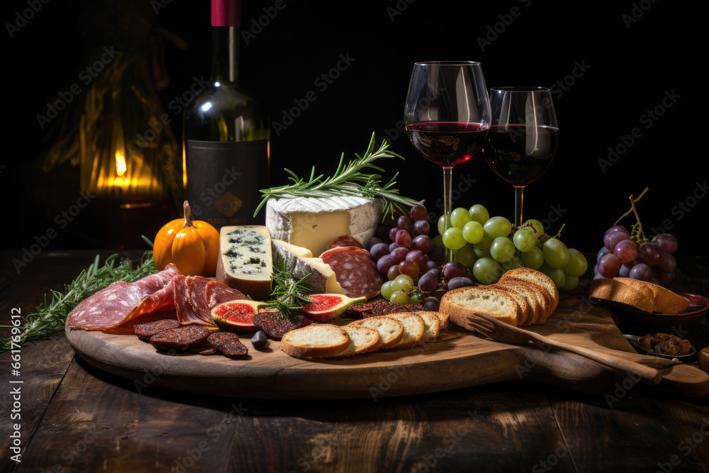 Charcuterie board with wine glasses and a rustic backdrop