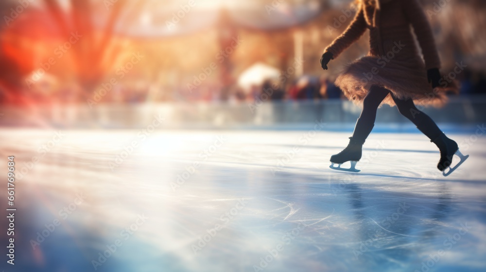 figure skater on the ice with ice skates during the cold winter holidays - obrazy, fototapety, plakaty 