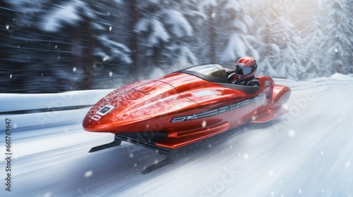 A gorgeous and sporty snowmobile racing through the winter snowy forest