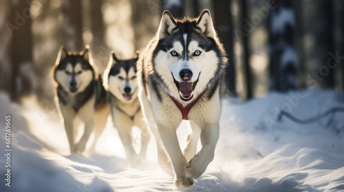 Huskey dogs running in a pack in the snow
