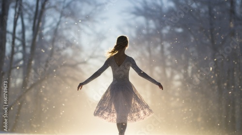 A delicate female ballerina dancing in the winter snow