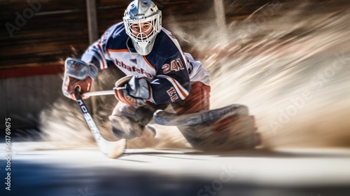 hockey player with his hockey stick, uniform, and pads chasing the hockey puck