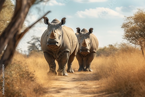 Two white rhinoceros walking on dirt road in Kruger National park, South Africa ; Specie Ceratotherium simum family of Rhinocerotidae photo