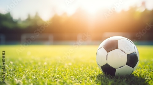 soccer ball alone in an empty pitch laying on the green grass