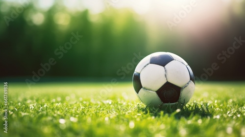 soccer ball alone in an empty pitch laying on the green grass © Brian
