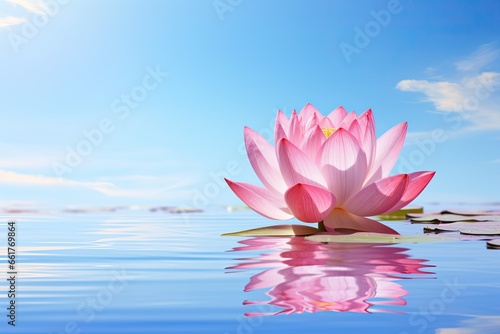 close-up the pink lotus flower on the lake with reflection