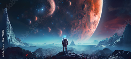Astronaut in space on alien planet A man stands on a cliff looking at a planet with the stars in the sky The earth from the movie. AI Generative photo