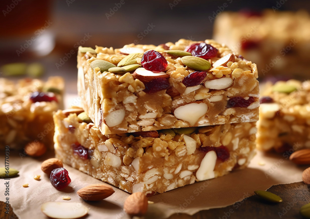 Homemade granola cereal bar with high protein and oats with seeds on table.Macro.AI Generative