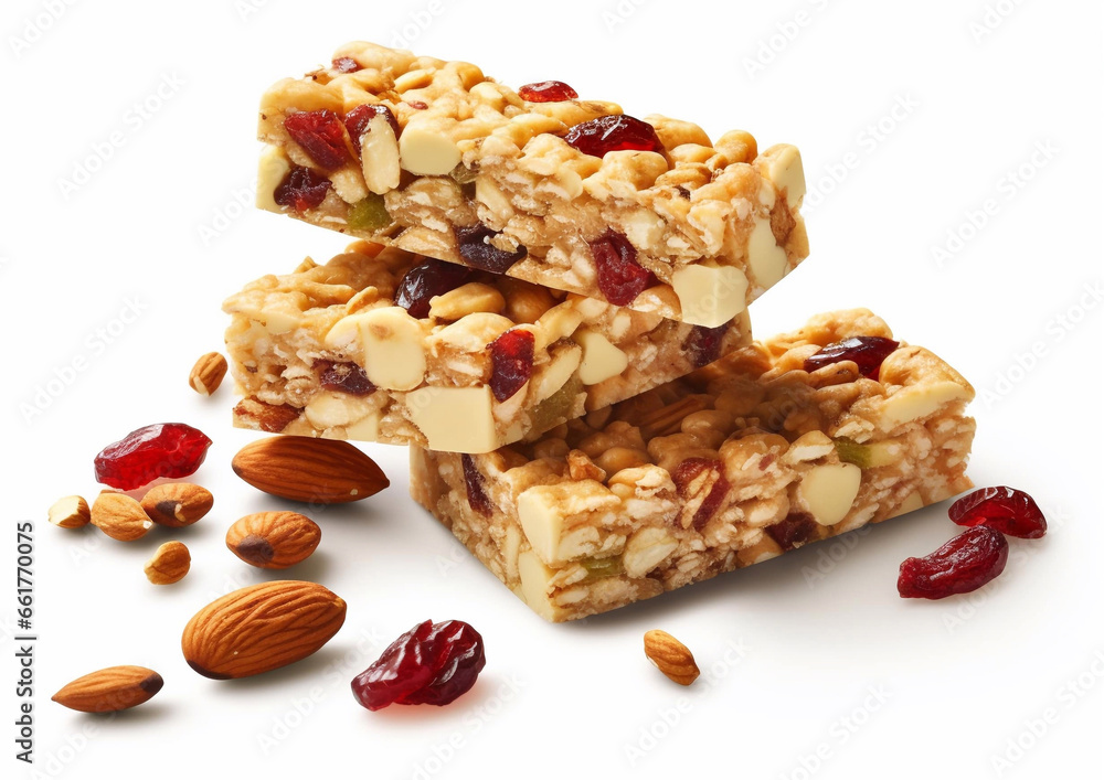 Healthy granola cereal bars with oats, nuts, and raisins on white background.Macro.AI Generative Healthy granola cereal bars with oats, nuts, and raisins on white background.Macro.AI Generative