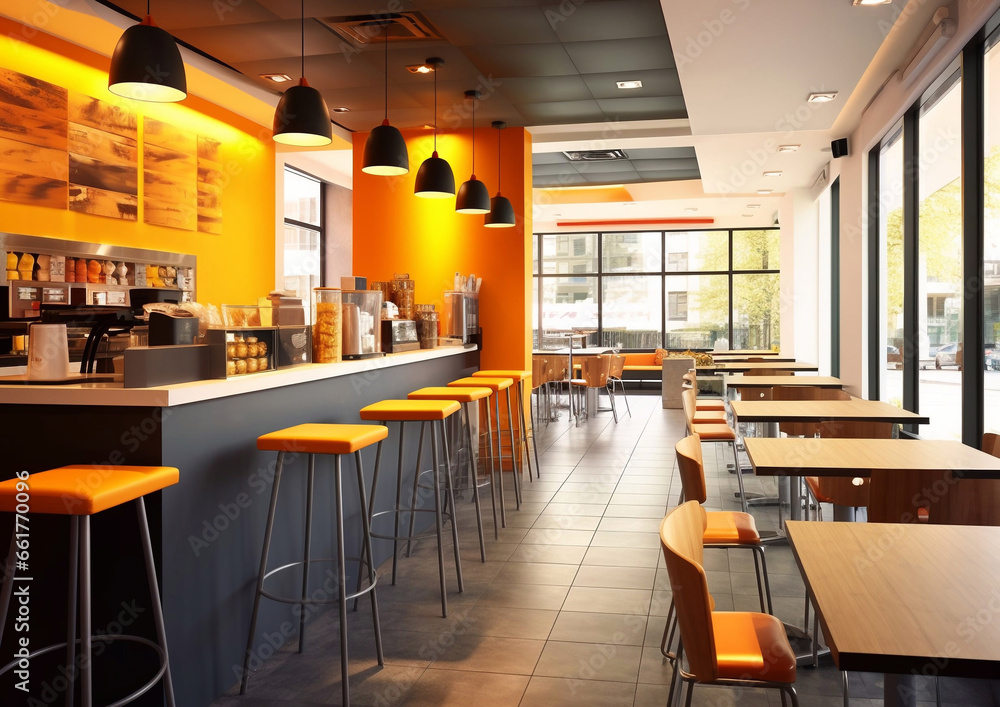 Obraz premium Fast food and snack cafeteria cafe with modern interior style.Empty.AI Generative